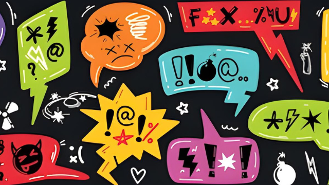 A black background with colorful speech bubbles, containing censored insults and curses.