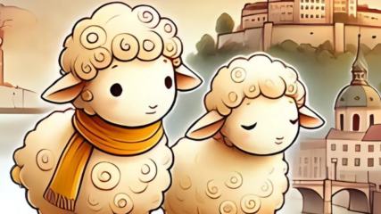 Two cartoon-style sheep, one of which is wearing a scarf. In the background is the silhouette of a Bavarian-style town.